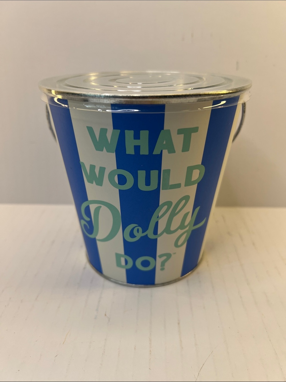Rare Dolly Parton “What Would Dolly Do?” Blue Stripe Citronella Candle. 16oz